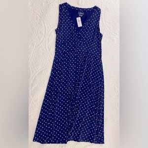 LL Bean Navy Polka Dot Rayon Printed Summer Knit Midi Dress Medium Regular